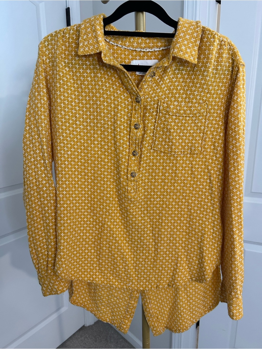Anthropologie Isadora long blouse in mustard yellow with white cross-stitching